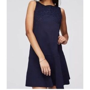 Loft navy lace appliqué flounce drop waist dress